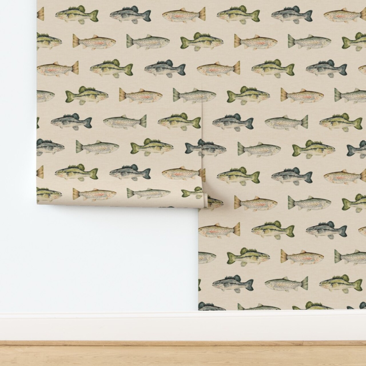 Cabincore Rustic Camping Fisherman Cabin Decor Lake House Summer Watercolor Rainbow Trout Bass Fishing Camp Fish Lodge Wilderness Wildlife Custom Pre-pasted Wallpaper by Spoonflower Pre-Pasted Wallpaper 2FT Wide 17105519